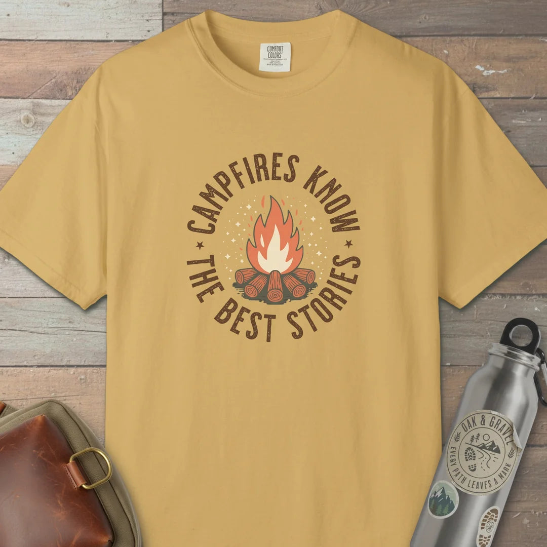 Campfires Know The Best Stories T-Shirt Mustard Outdoor Nature Tee