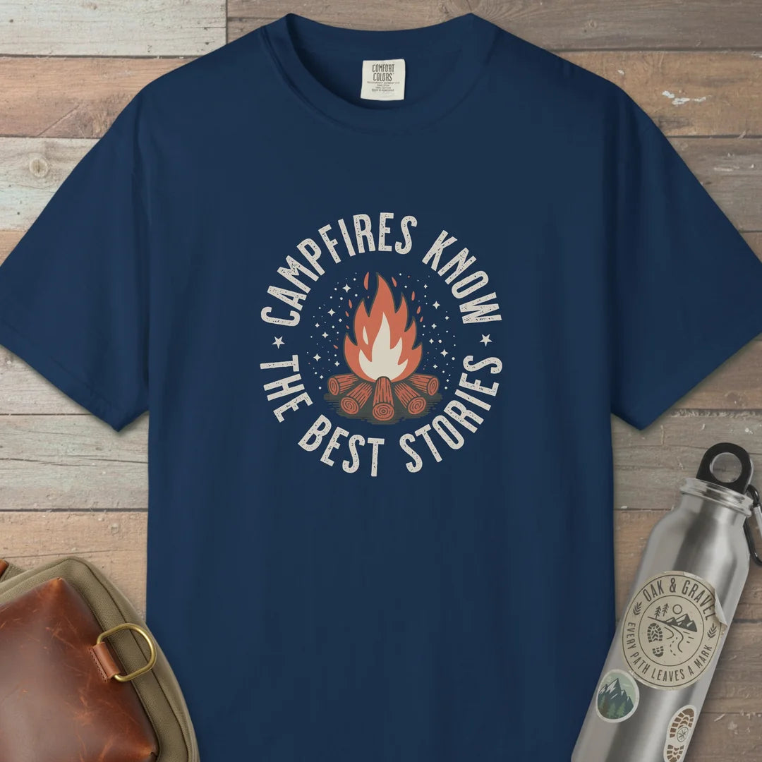 Campfires Know The Best Stories T-Shirt Navy Outdoor Nature Tee
