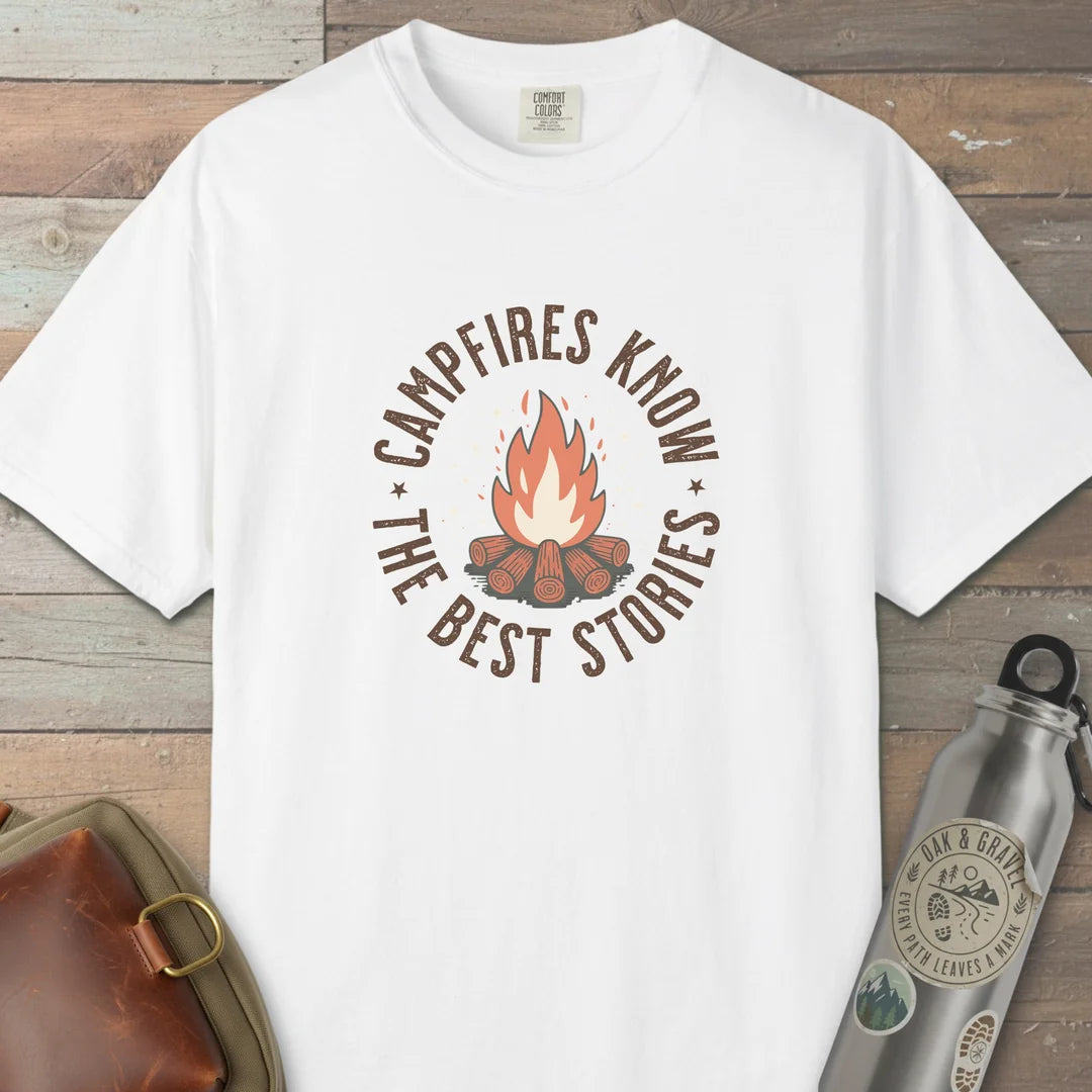 Campfires Know The Best Stories T-Shirt White Outdoor Nature Tee