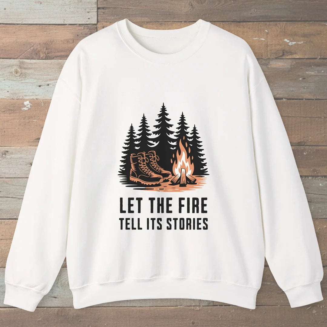 Let The Fire Tell Its Stories Sweatshirt White Outdoor Nature Tee