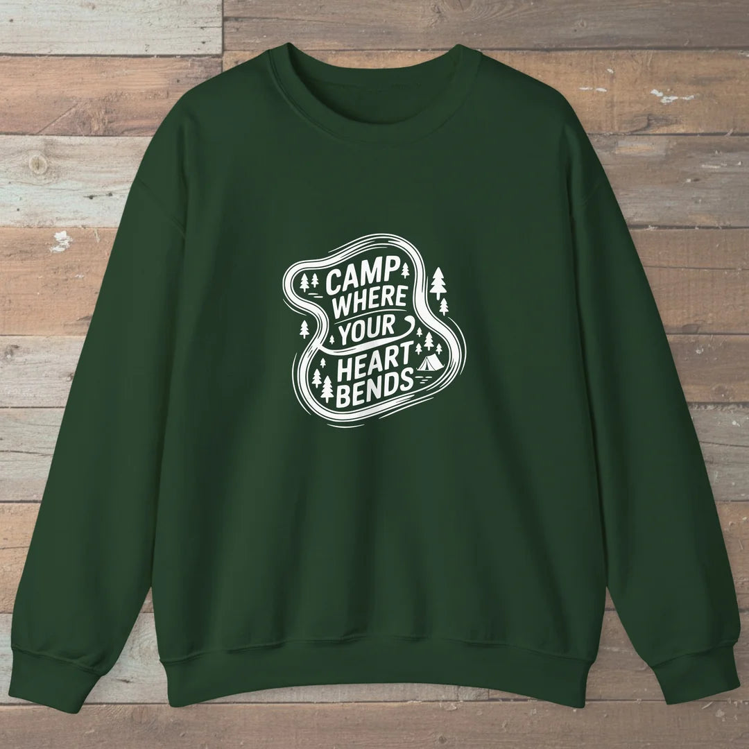 Camp Where Your Heart Bends Sweatshirt Forest Green Outdoor Nature Tee