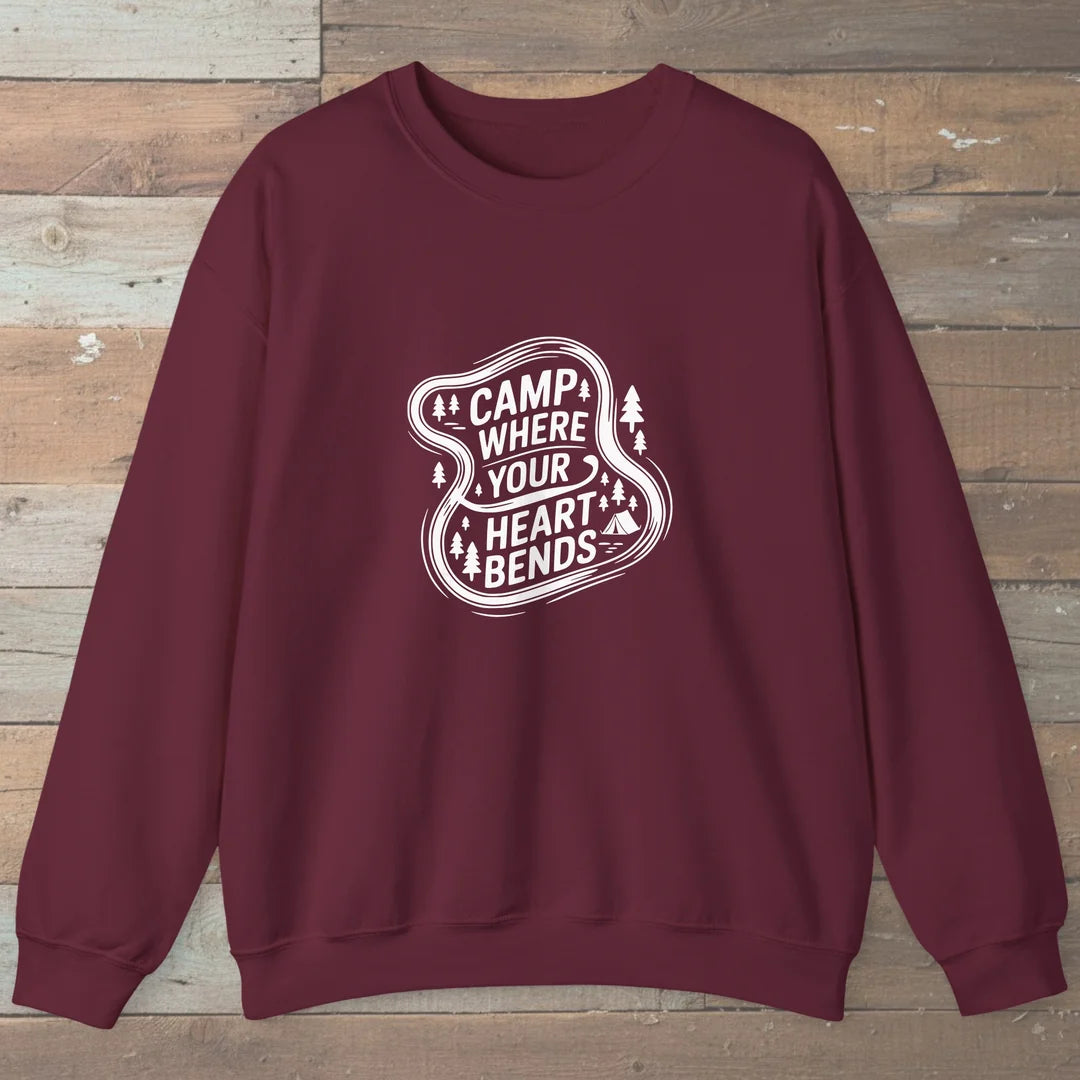 Camp Where Your Heart Bends Sweatshirt Maroon Outdoor Nature Tee