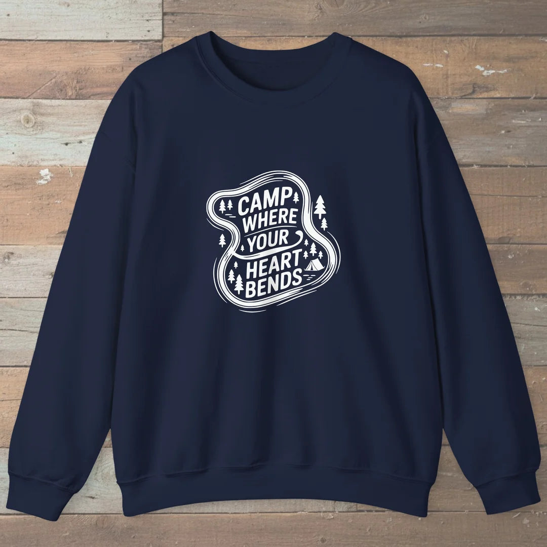 Camp Where Your Heart Bends Sweatshirt Navy Outdoor Nature Tee