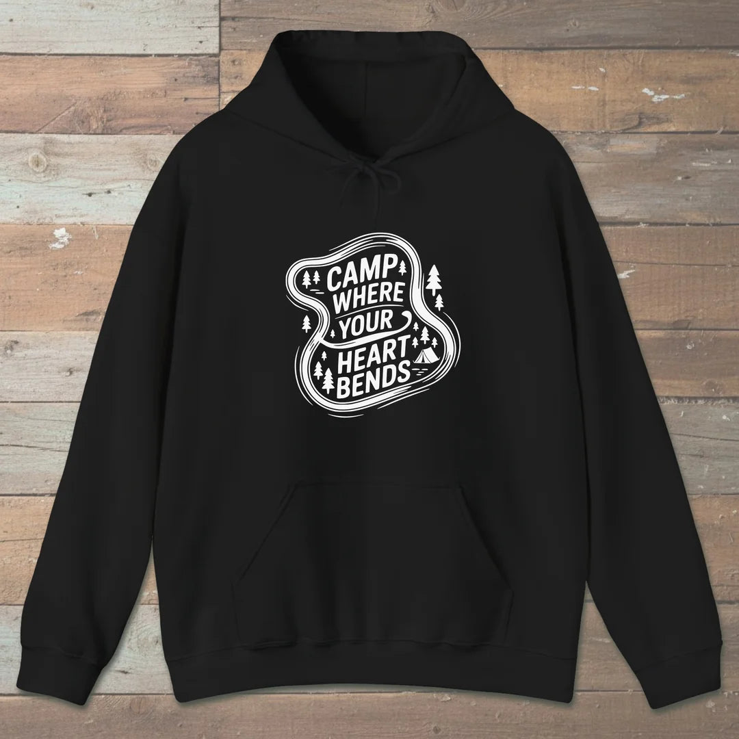 Camp Where Your Heart Bends Hoodie Black Outdoor Nature Tee