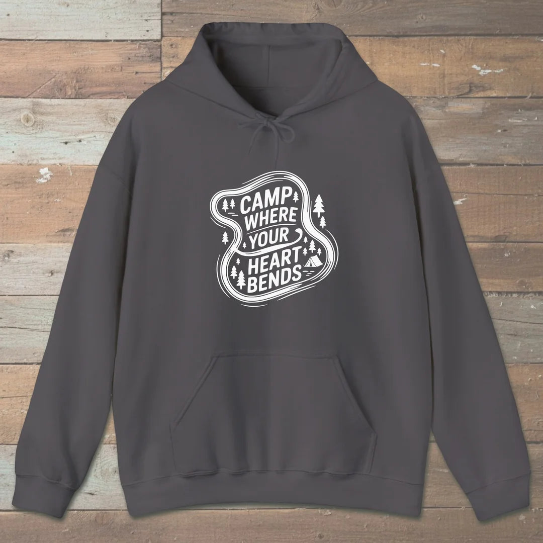 Camp Where Your Heart Bends Hoodie Charcoal Outdoor Nature Tee
