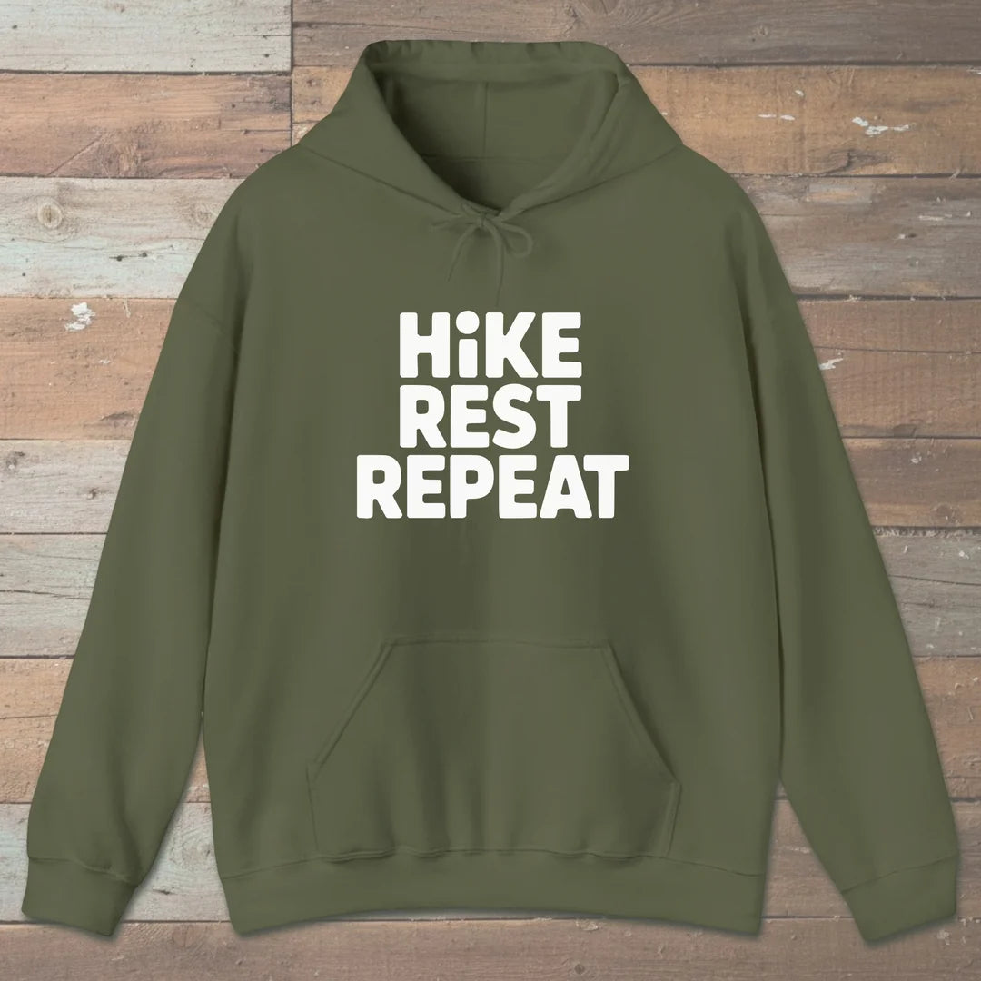 Hike Rest Repeat Hoodie Military Green Outdoor Nature Tee