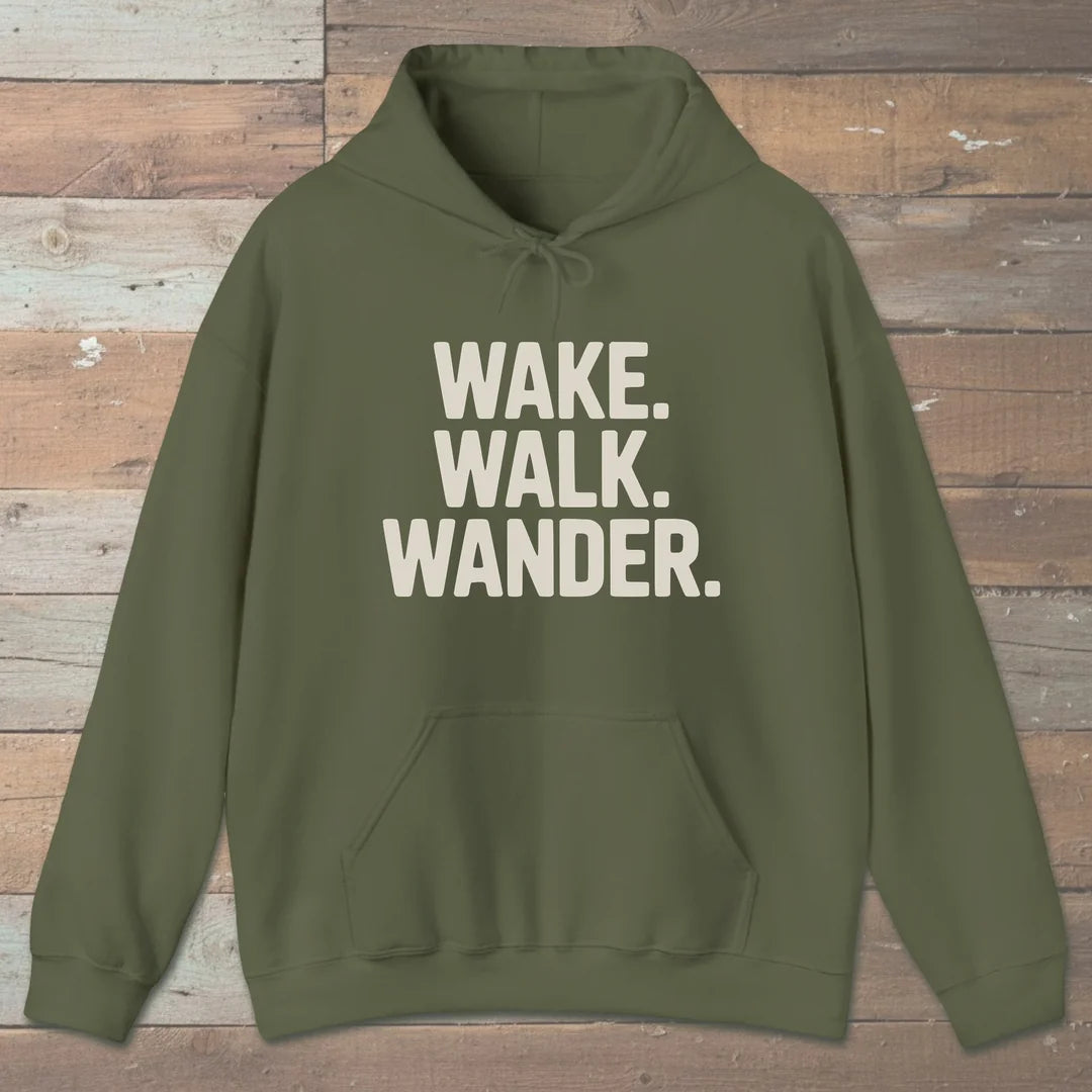 Wake Walk Wander Hoodie Military Green Outdoor Nature Tee