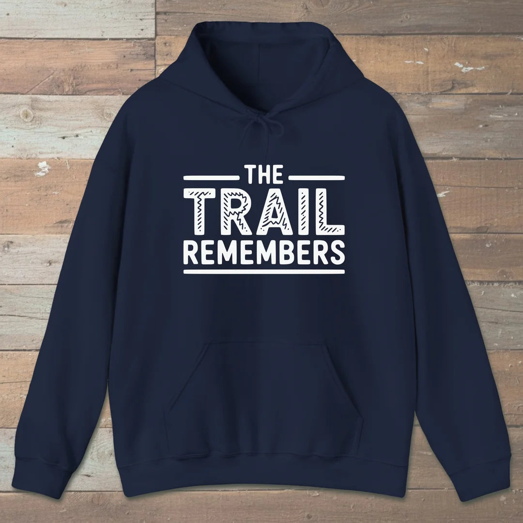 The Trail Remembers Hoodie Navy Outdoor Nature Tee