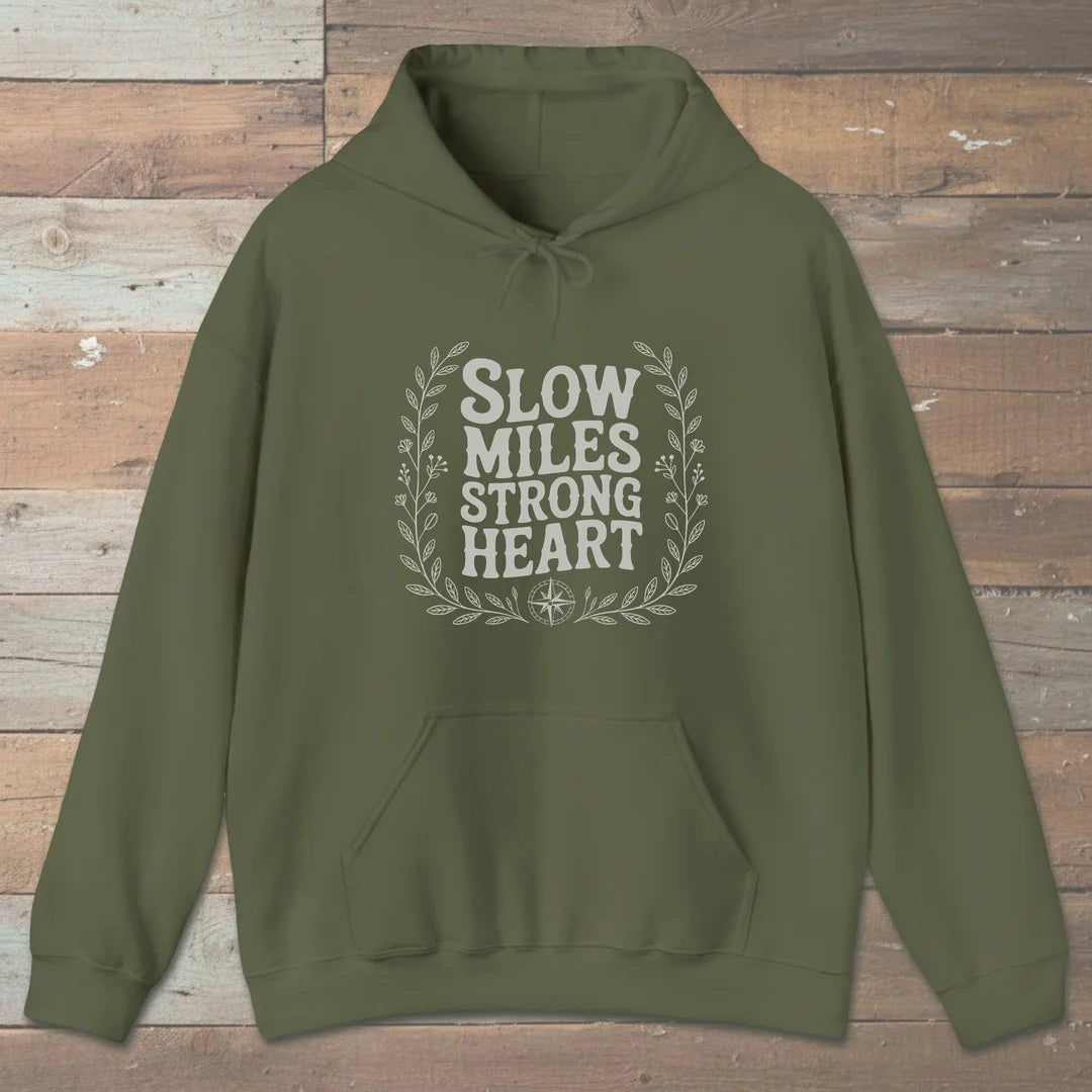 Slow Miles Strong Heart Hoodie Military Green Outdoor Nature Tee