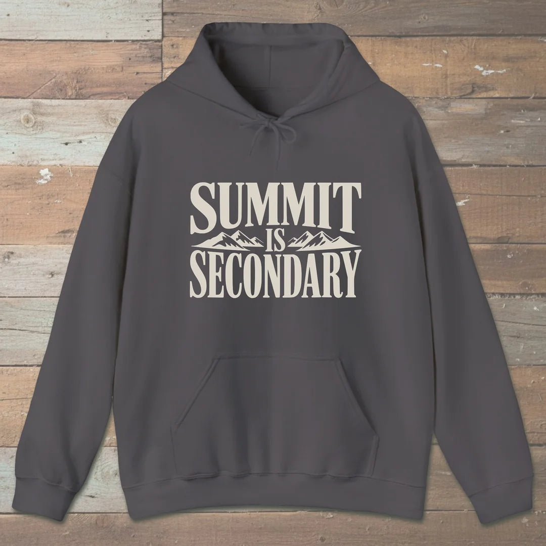 Summit Is Secondary Hoodie Charcoal Outdoor Nature Tee