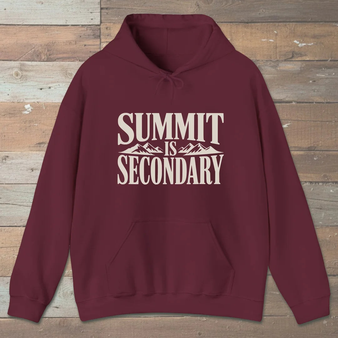 Summit Is Secondary Hoodie Maroon Outdoor Nature Tee