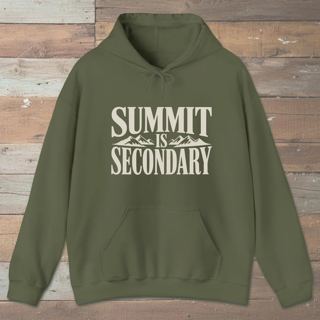 Summit Is Secondary Hoodie Military Green Outdoor Nature Tee