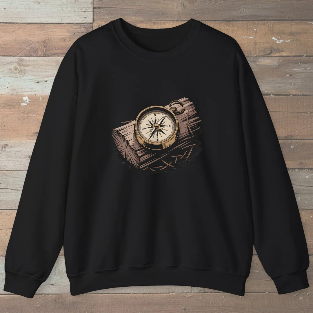 Compass On Log Sweatshirt Black Outdoor Nature Tee