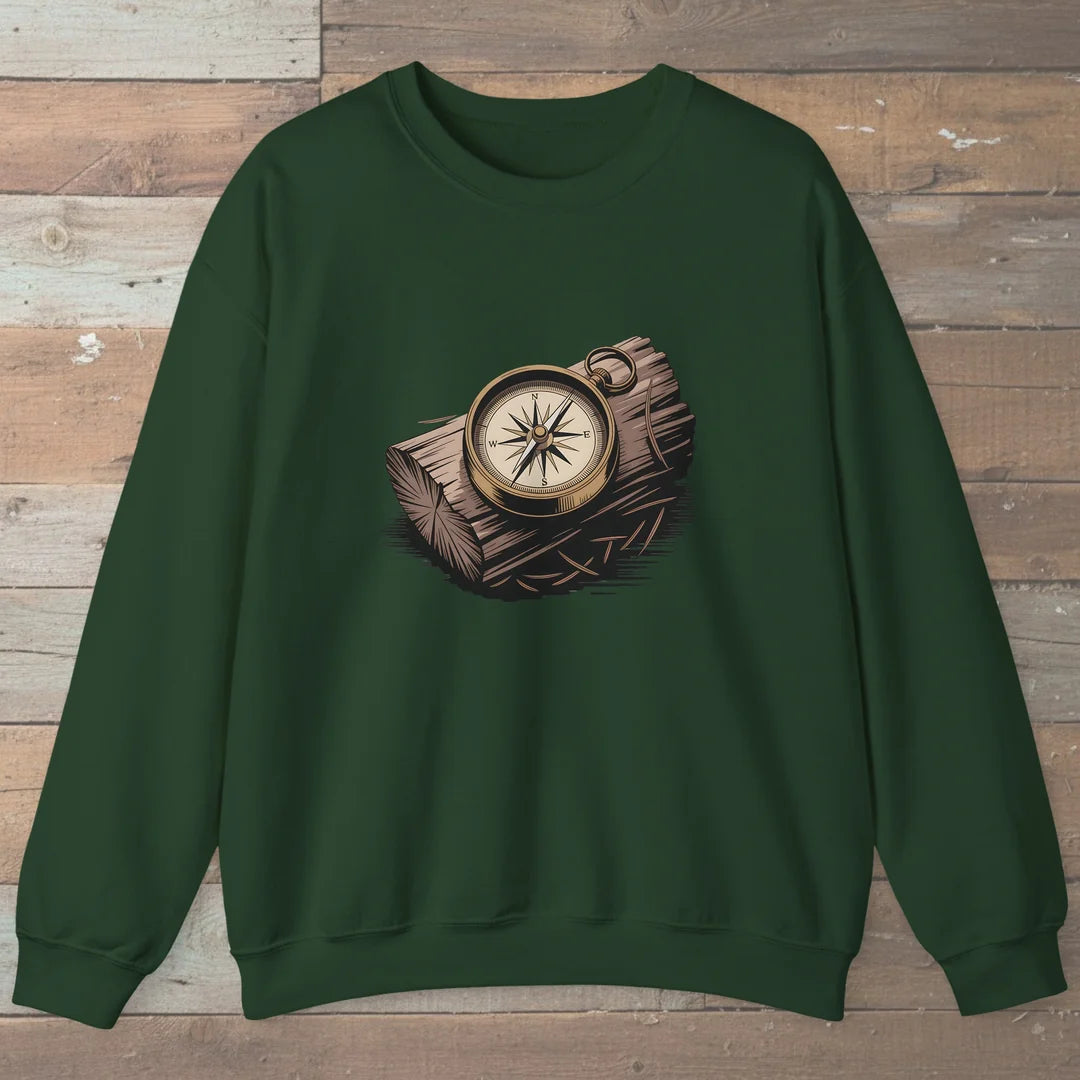 Compass On Log Sweatshirt Forest Green Outdoor Nature Tee