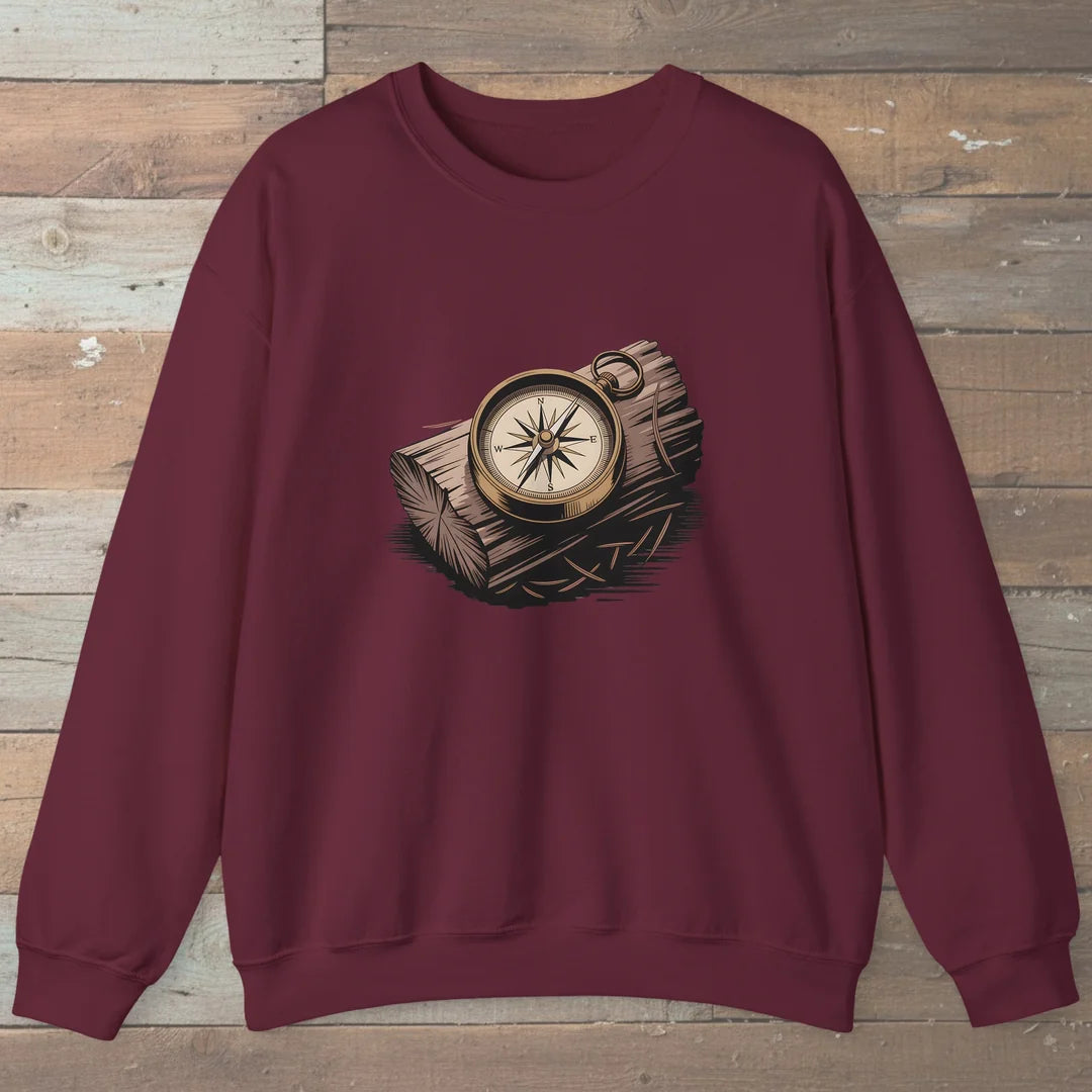 Compass On Log Sweatshirt Maroon Outdoor Nature Tee
