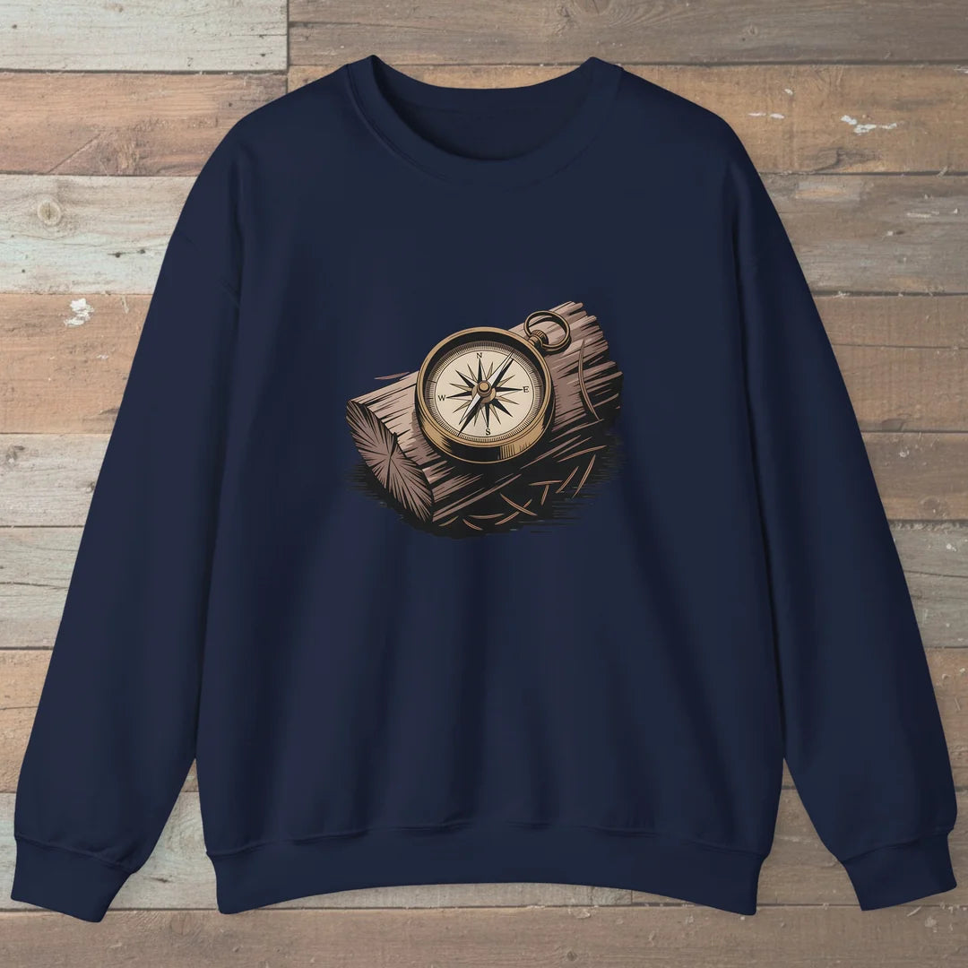 Compass On Log Sweatshirt Navy Outdoor Nature Tee