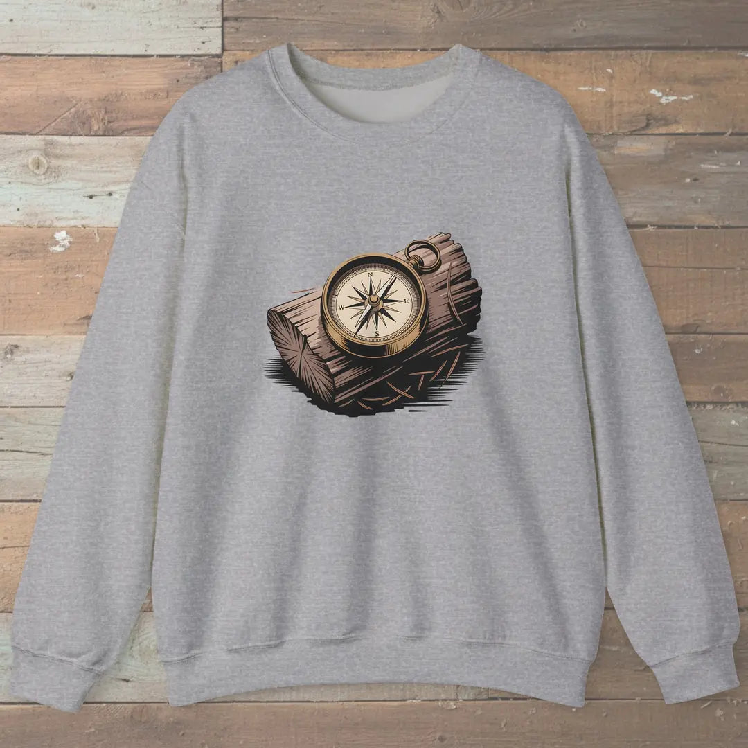 Compass On Log Sweatshirt Sport Grey Outdoor Nature Tee