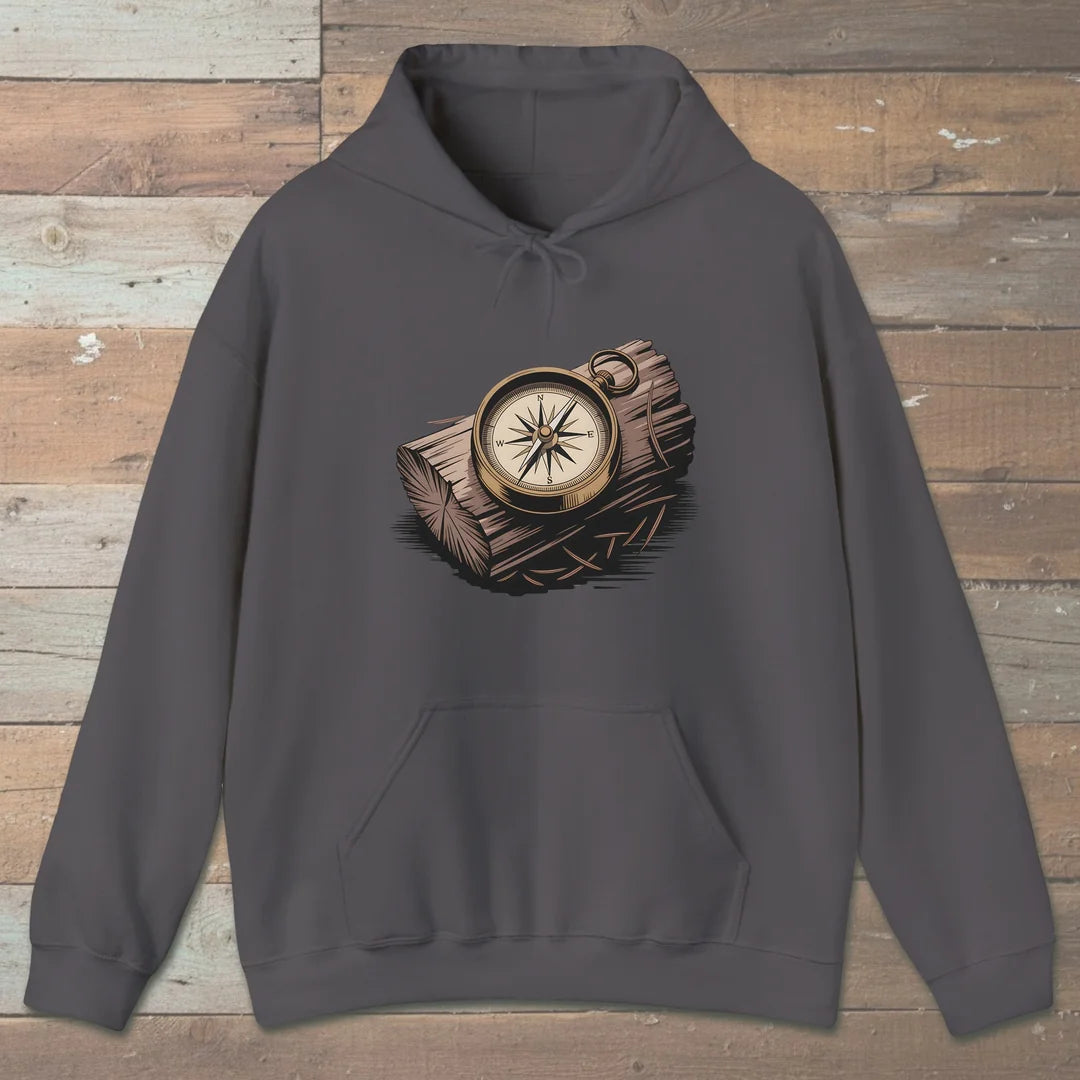 Compass On Log Hoodie Charcoal Outdoor Nature Tee