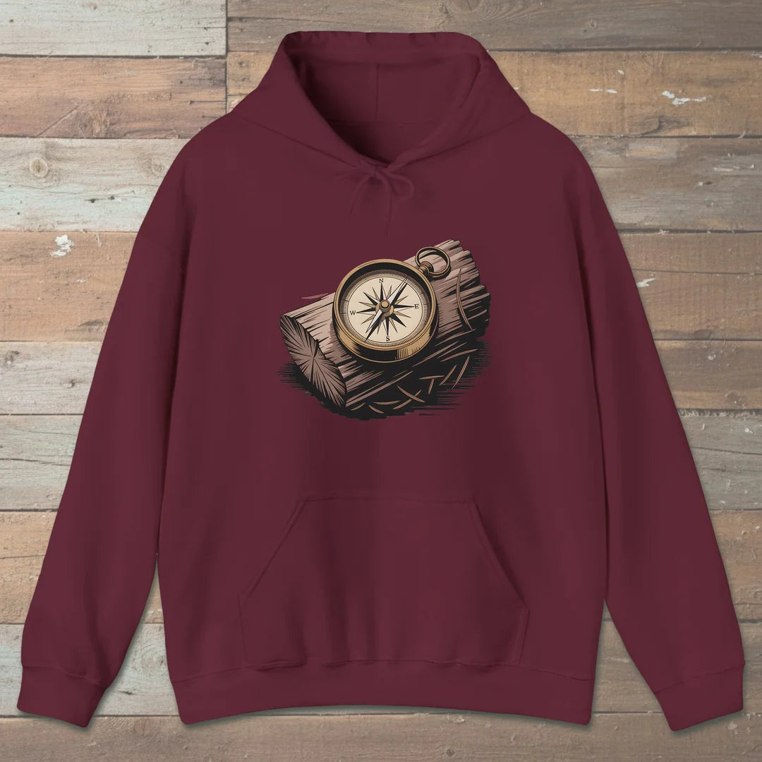 Compass On Log Hoodie Maroon Outdoor Nature Tee