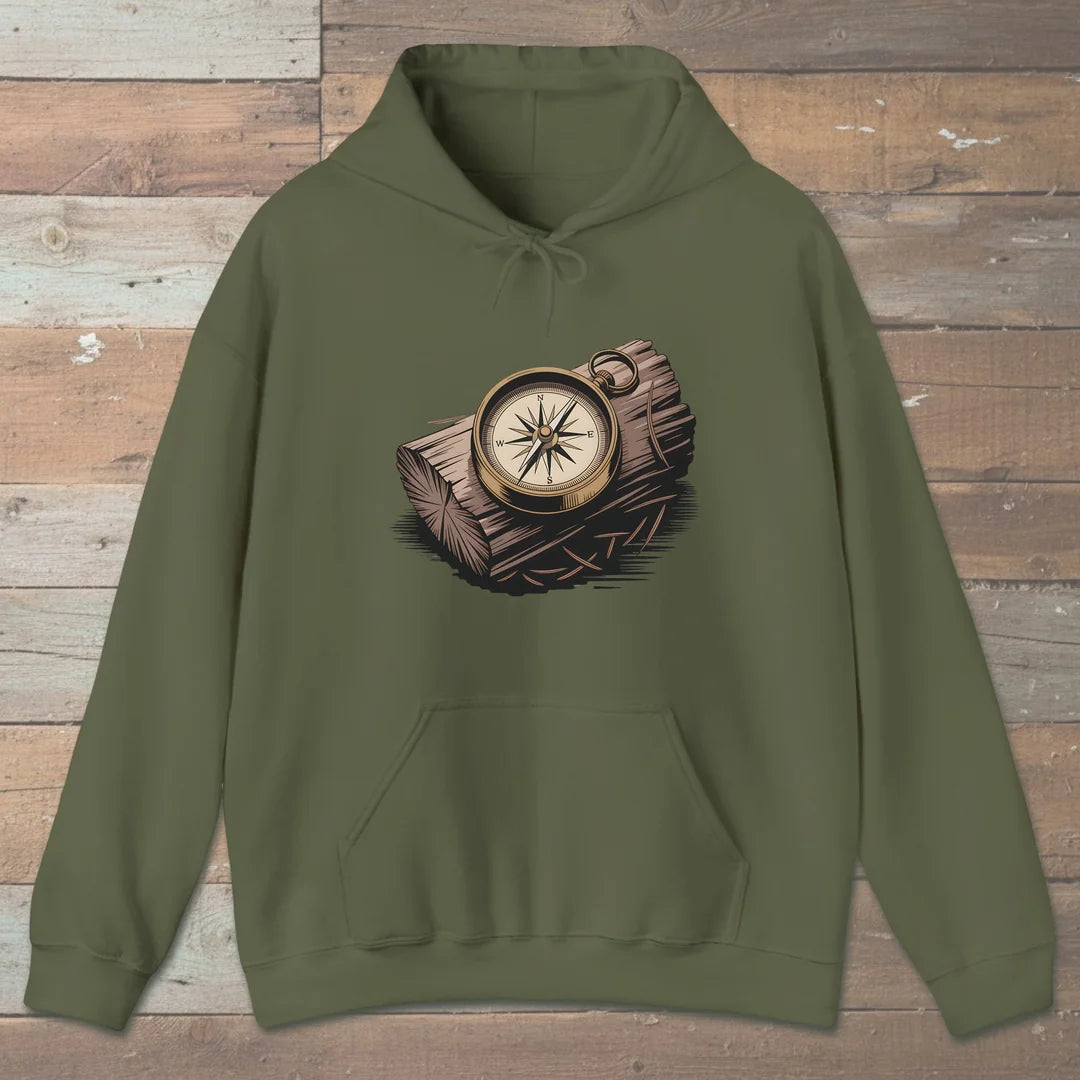 Compass On Log Hoodie Military Green Outdoor Nature Tee