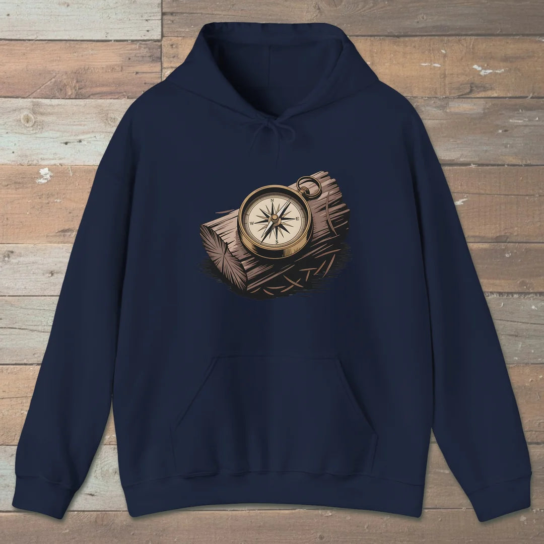 Compass On Log Hoodie Navy Outdoor Nature Tee