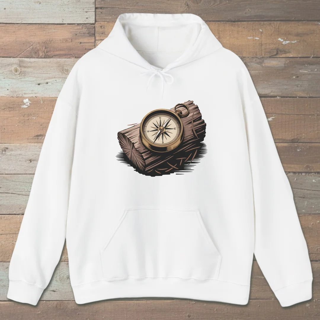 Compass On Log Hoodie White Outdoor Nature Tee