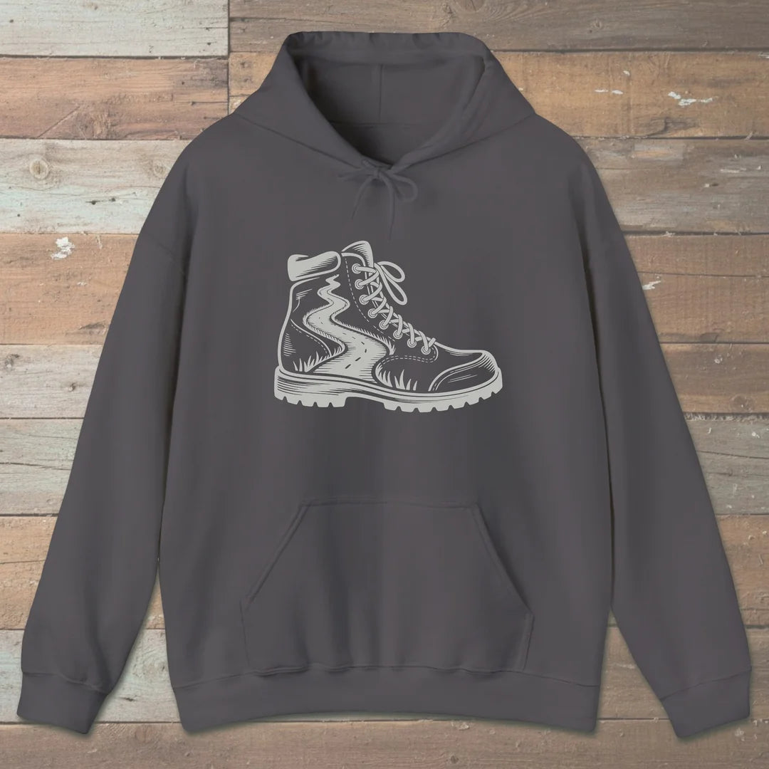 Trail Boot Hoodie Charcoal Outdoor Nature Tee