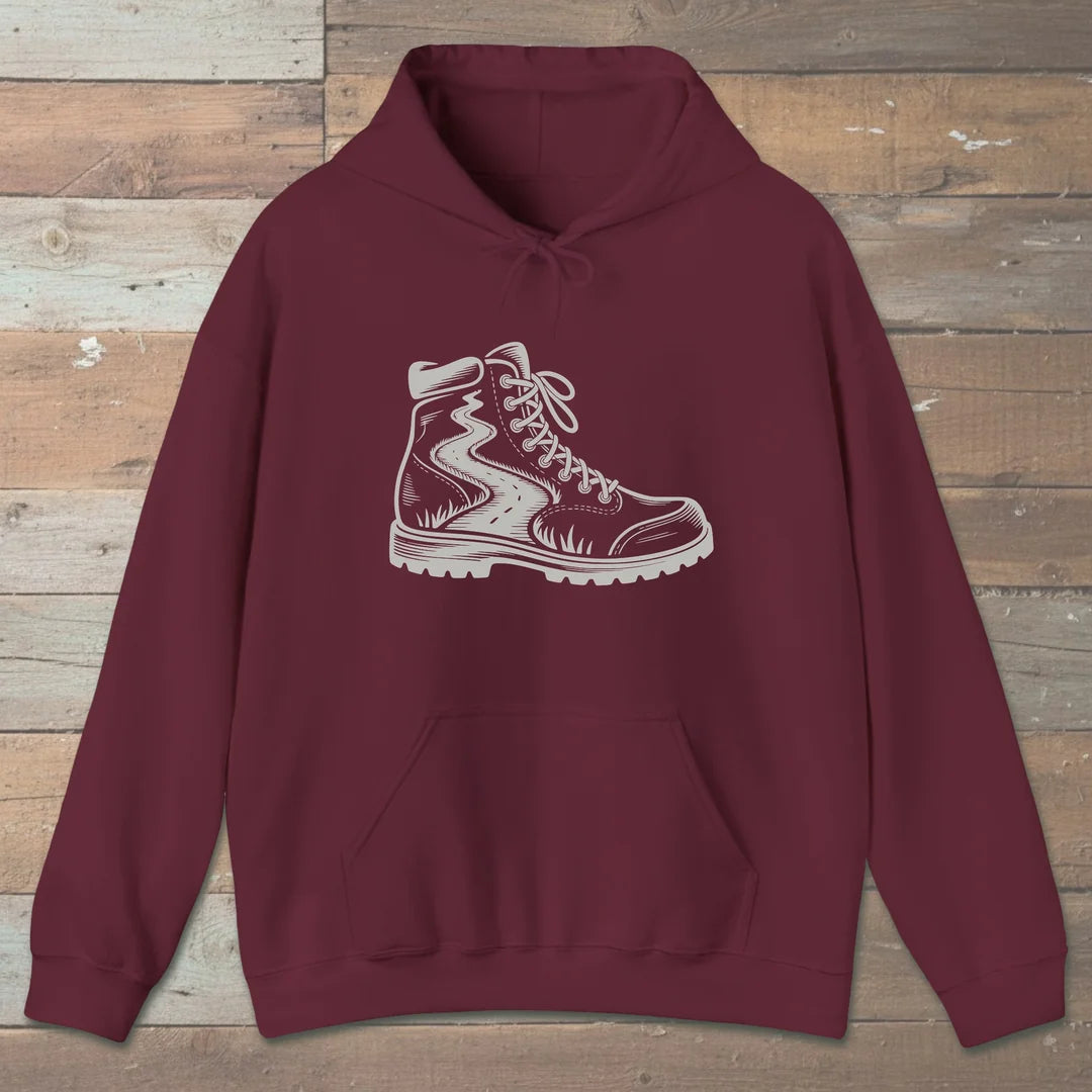 Trail Boot Hoodie Maroon Outdoor Nature Tee