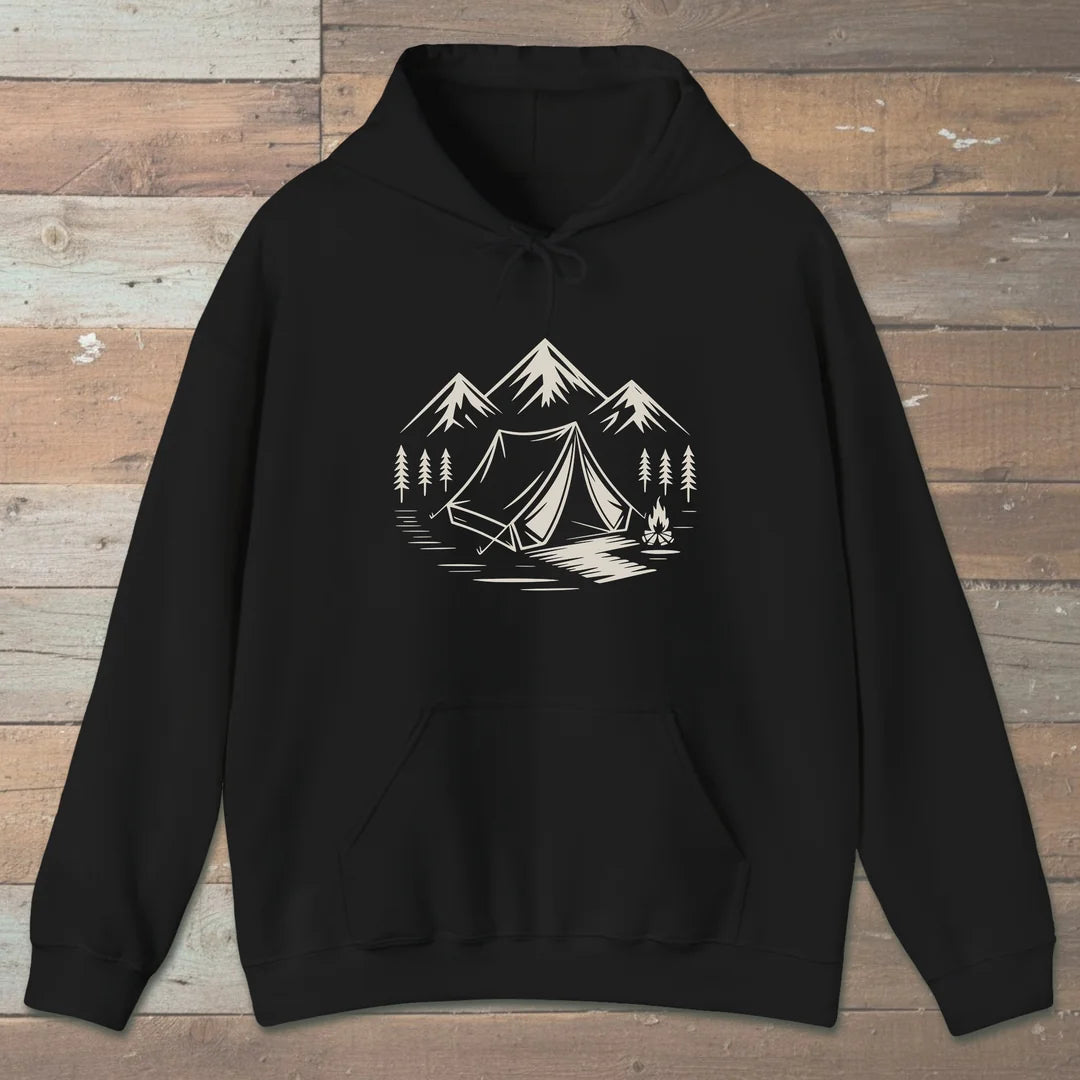 Campfire And Peaks Hoodie Black Outdoor Nature Tee