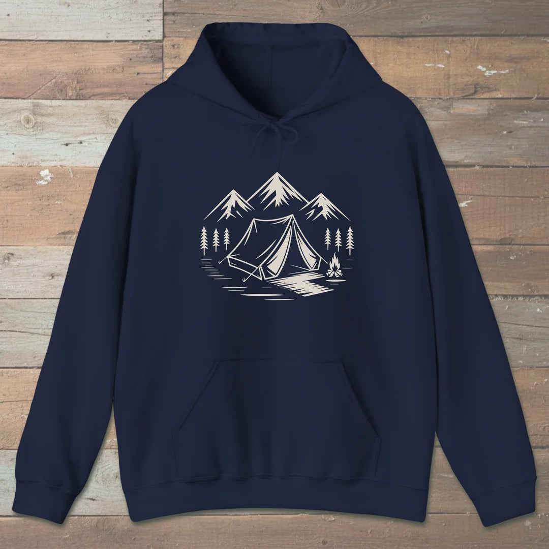 Campfire And Peaks Hoodie Navy Outdoor Nature Tee