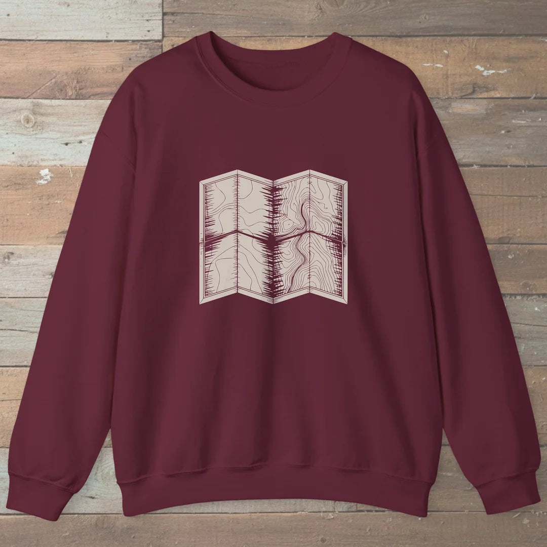 Topo Hiking Map Sweatshirt Maroon Outdoor Nature Tee