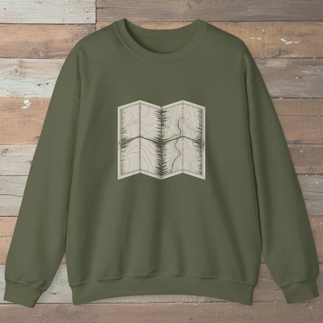 Topo Hiking Map Sweatshirt Military Green Outdoor Nature Tee