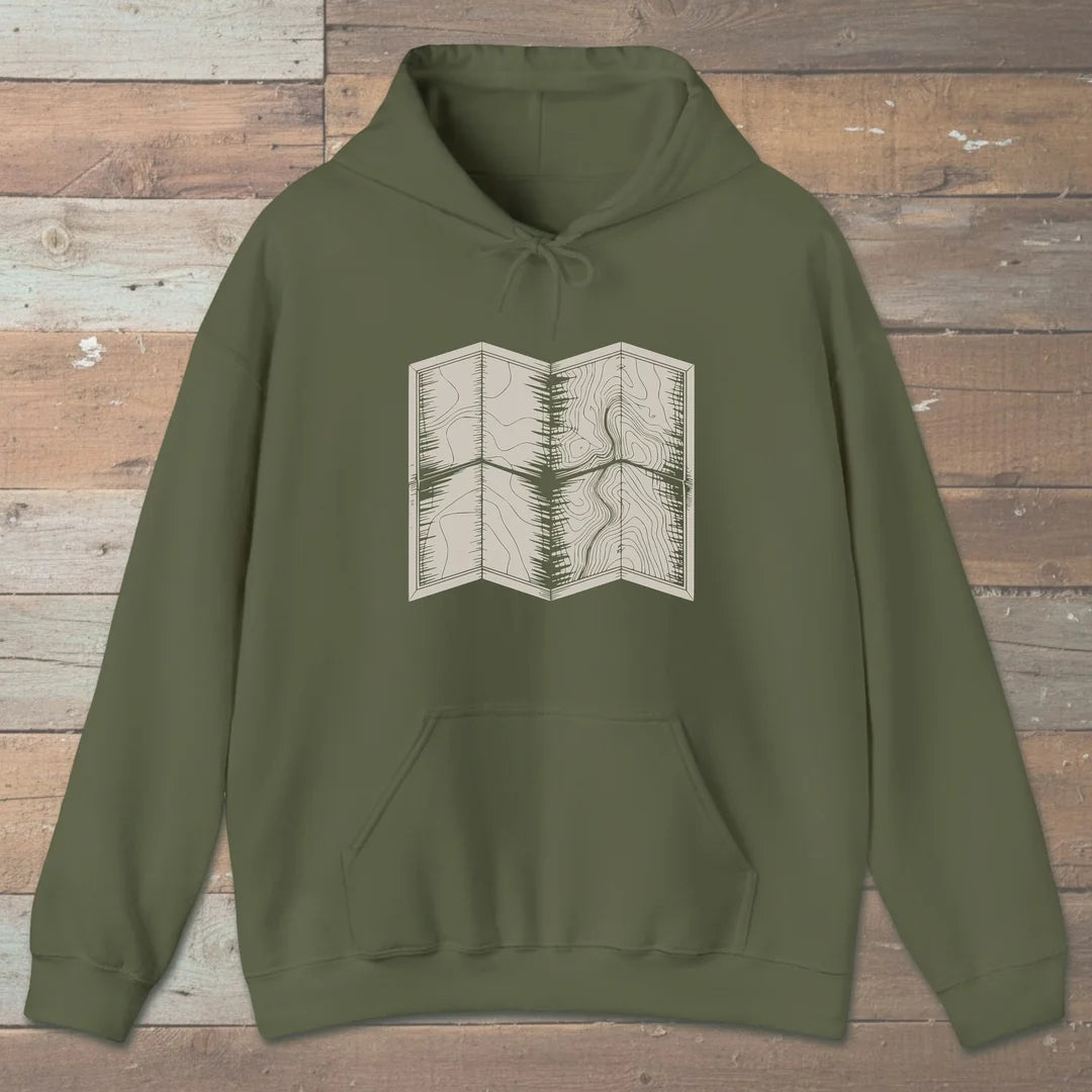 Topo Hiking Map Hoodie Military Green Outdoor Nature Tee