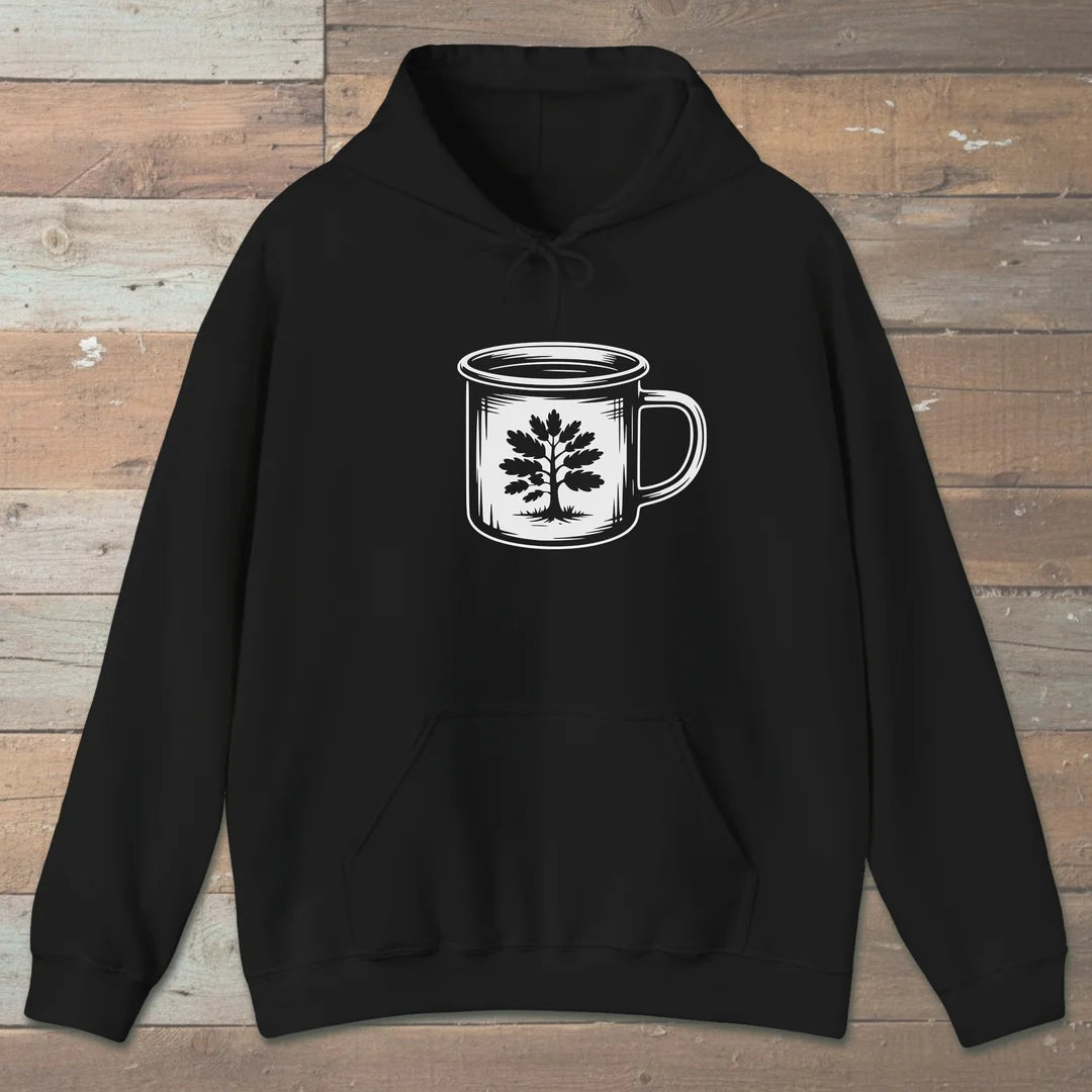 Camp Mug Tree Hoodie Black Outdoor Nature Tee