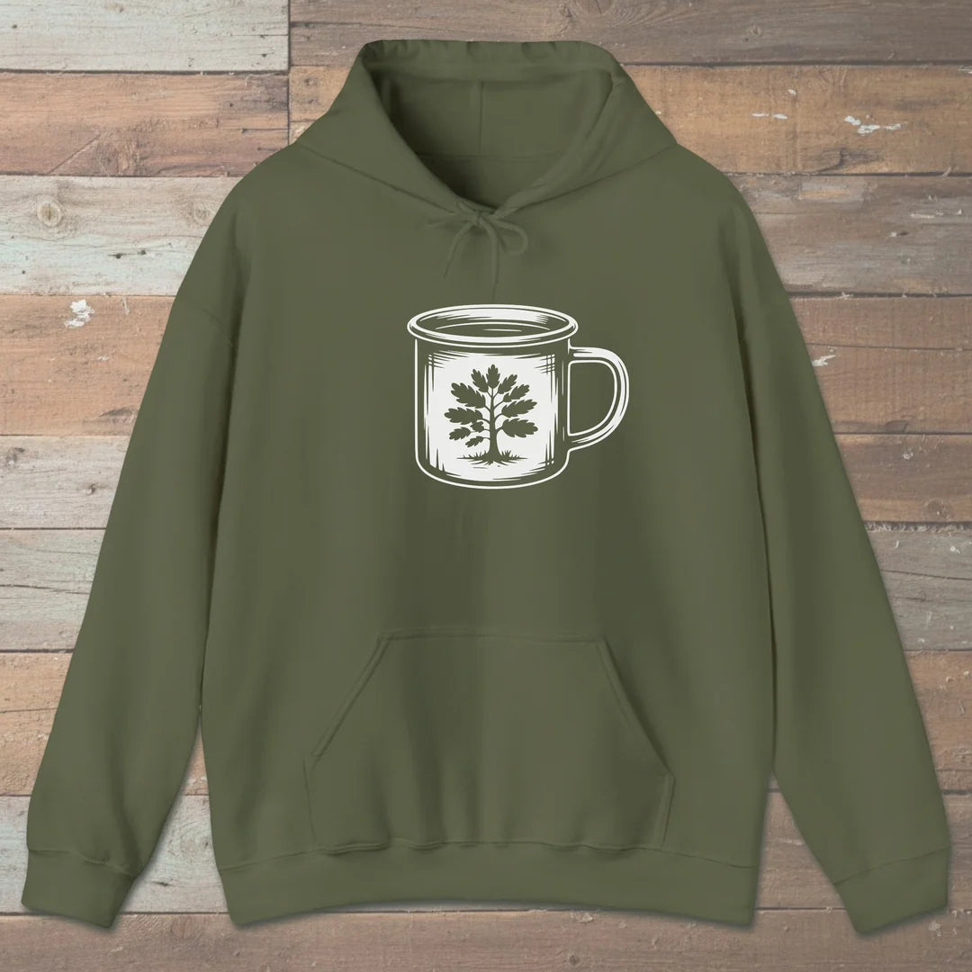 Camp Mug Tree Hoodie Military Green Outdoor Nature Tee
