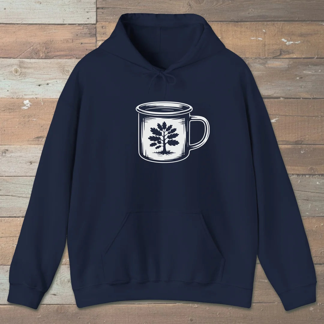 Camp Mug Tree Hoodie Navy Outdoor Nature Tee