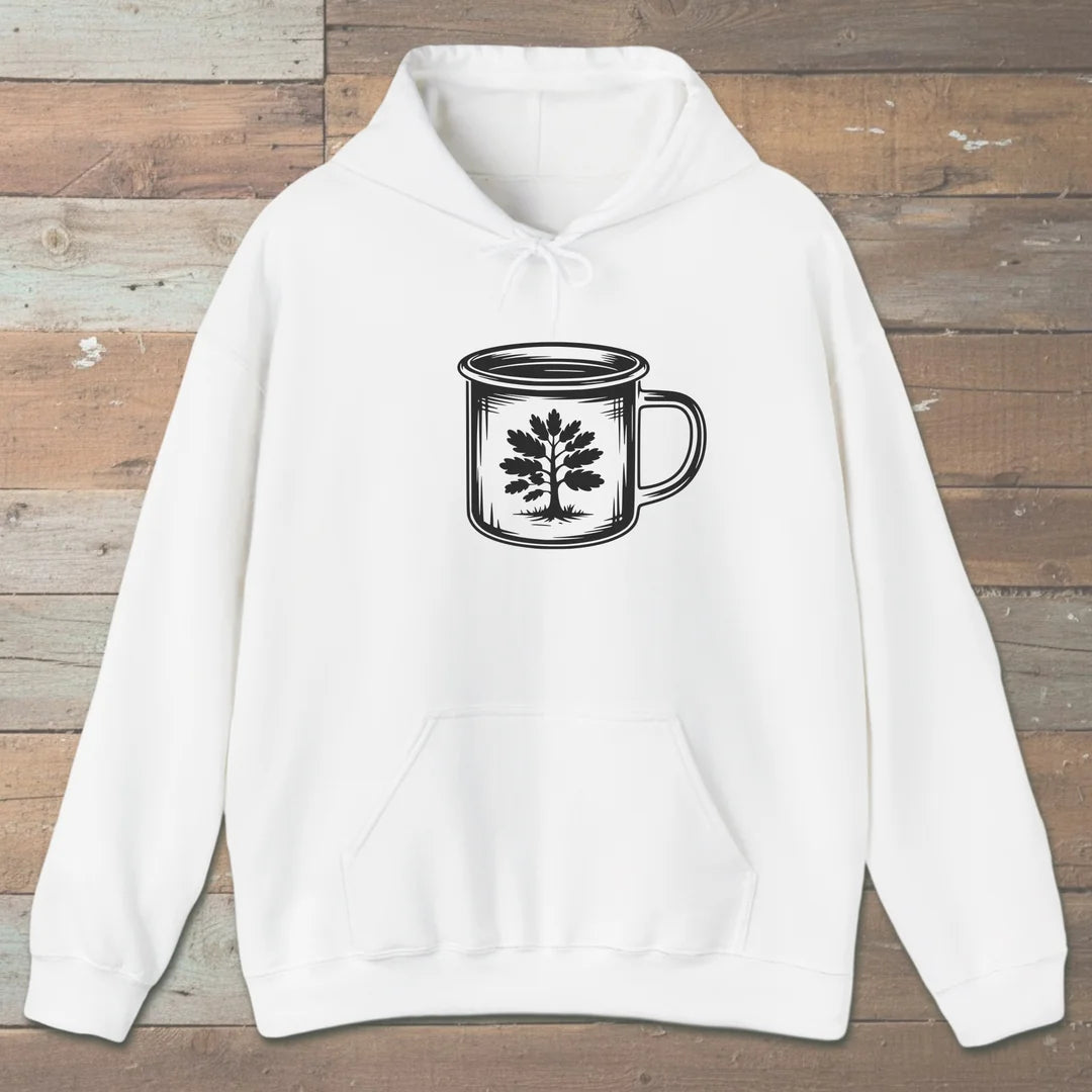 Camp Mug Tree Hoodie White Outdoor Nature Tee