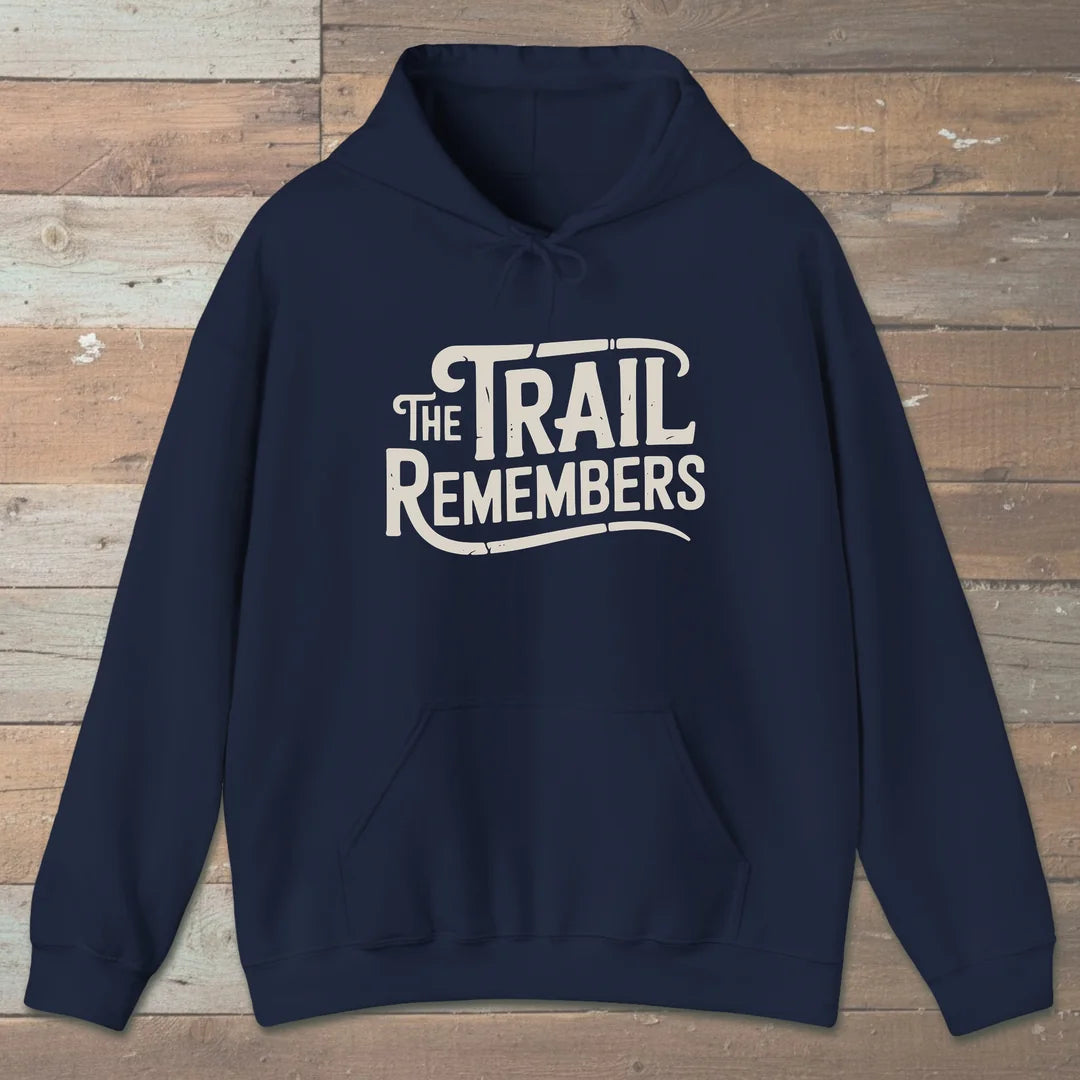 The Trail Remembers Hoodie Navy Outdoor Nature Tee