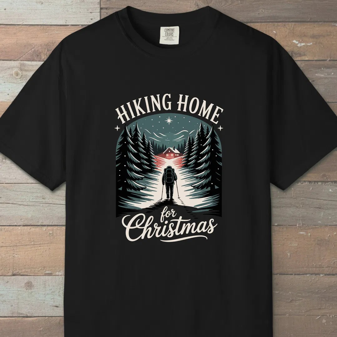 Hiking Home For Christmas T-Shirt Black Outdoor Nature Tee