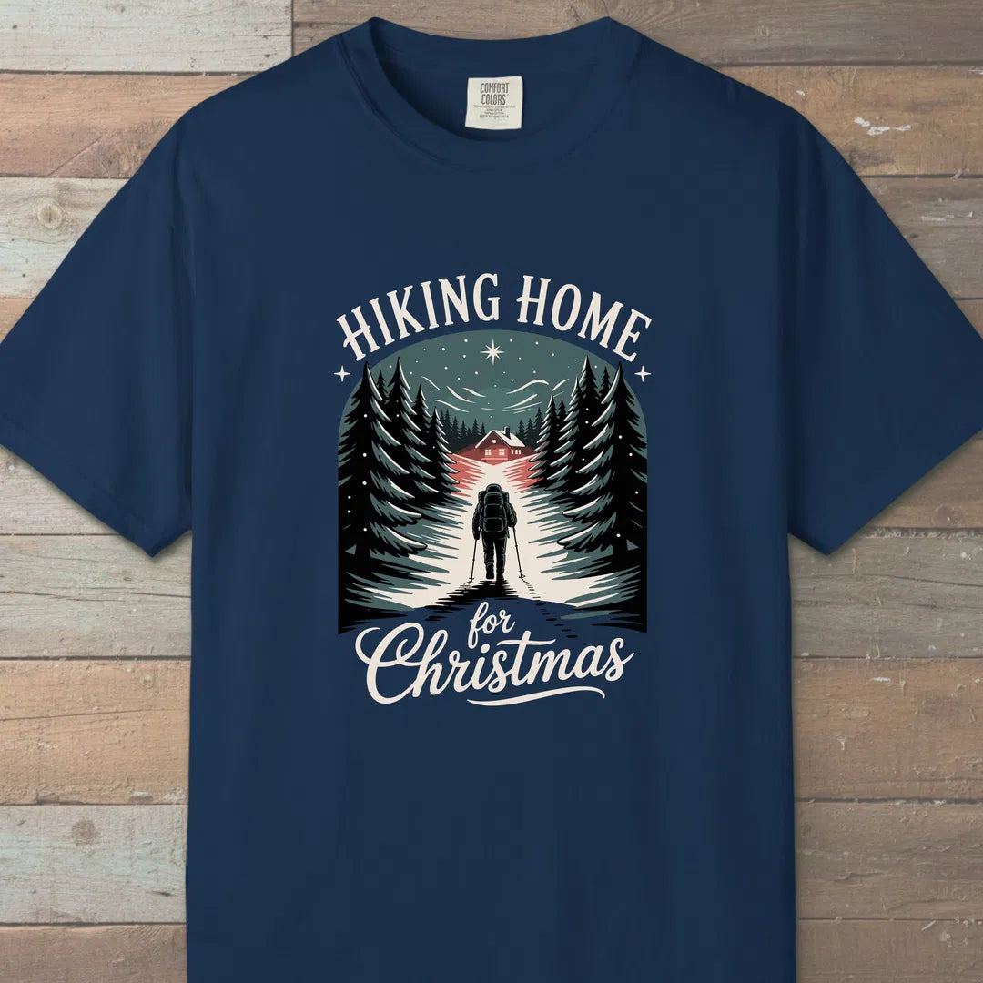 Hiking Home For Christmas T-Shirt Navy Outdoor Nature Tee