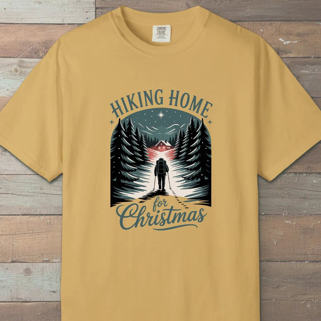 Hiking Home For Christmas T-Shirt Mustard Outdoor Nature Tee
