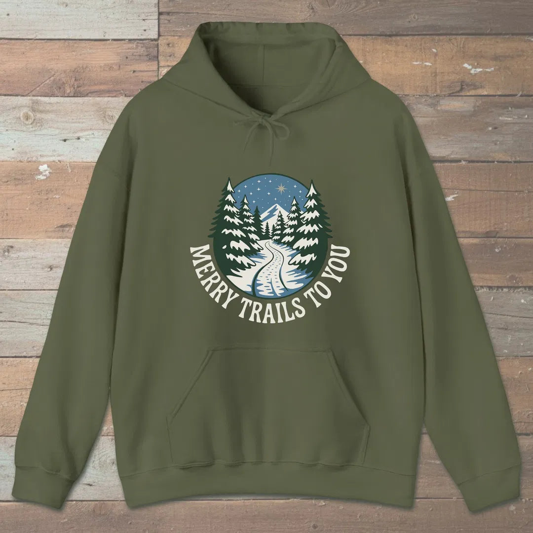 Merry Trails To You Hoodie Military Green Outdoor Nature Tee