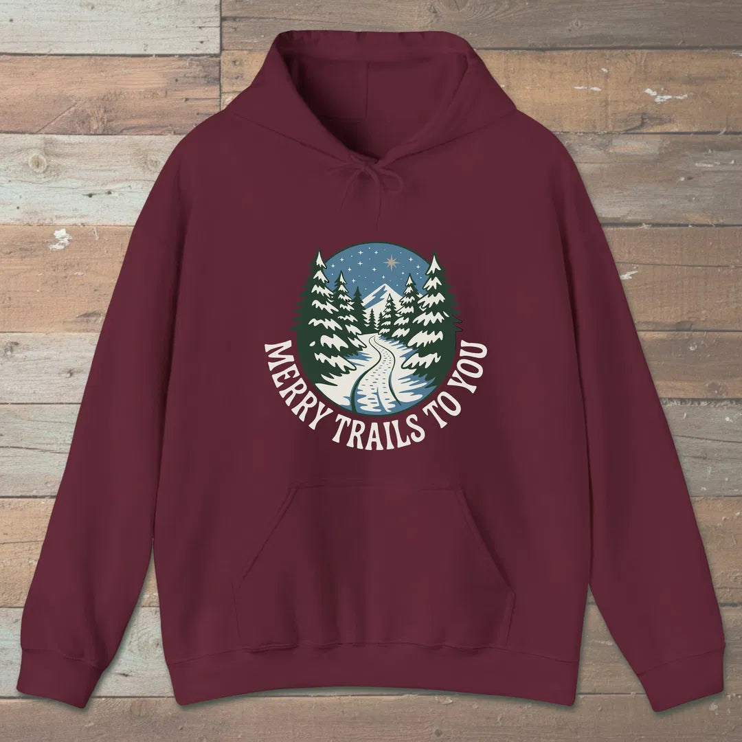 Merry Trails To You Hoodie Maroon Outdoor Nature Tee
