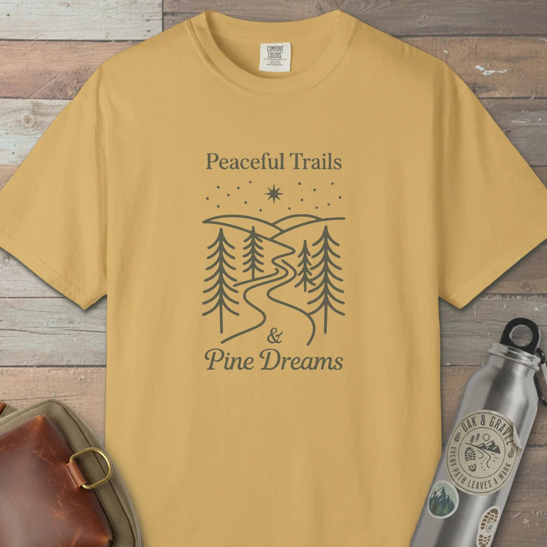 Peaceful Trails And Pine Dreams T-Shirt Mustard Outdoor Nature Tee