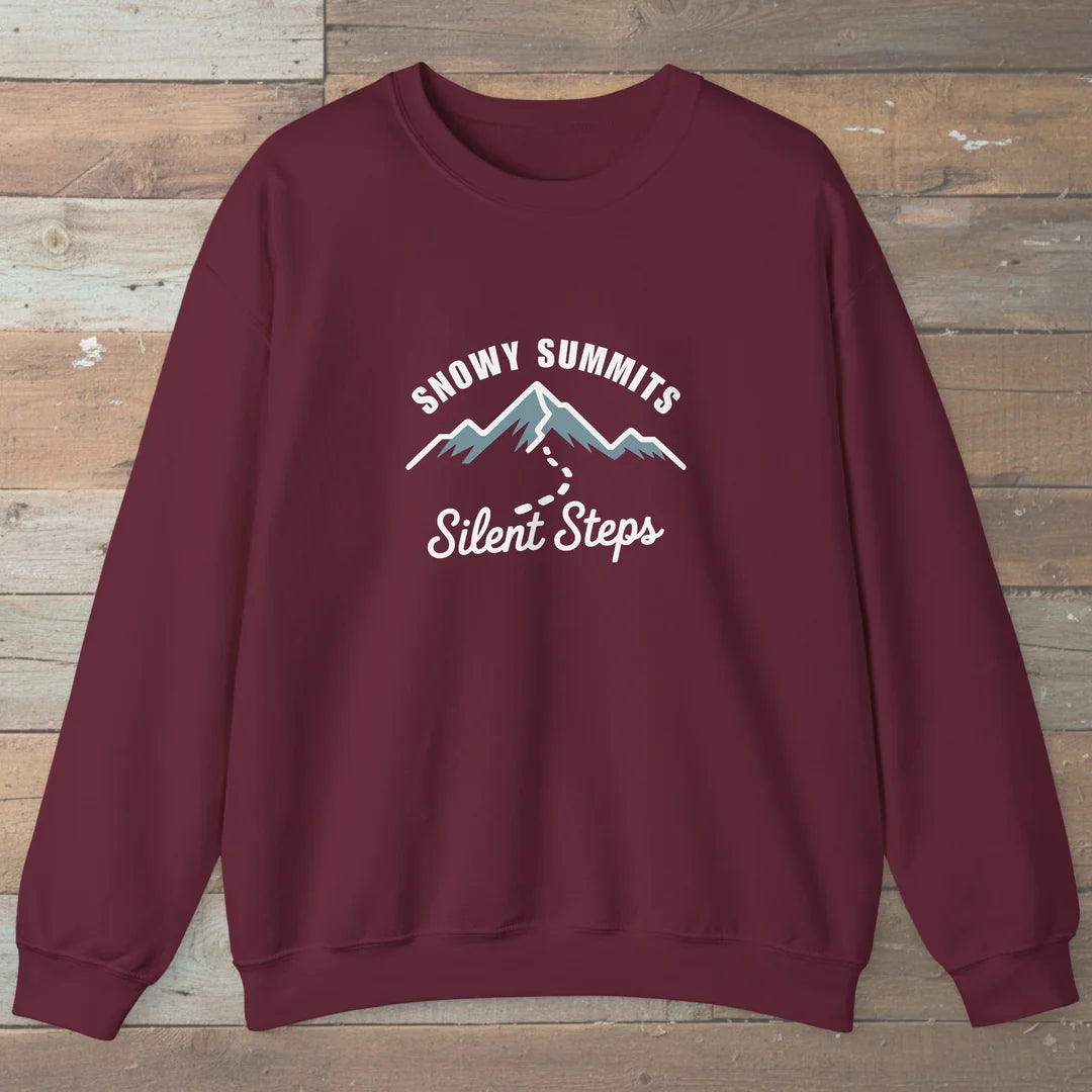 Snowy Summits Silent Steps Sweatshirt Maroon Outdoor Nature Tee