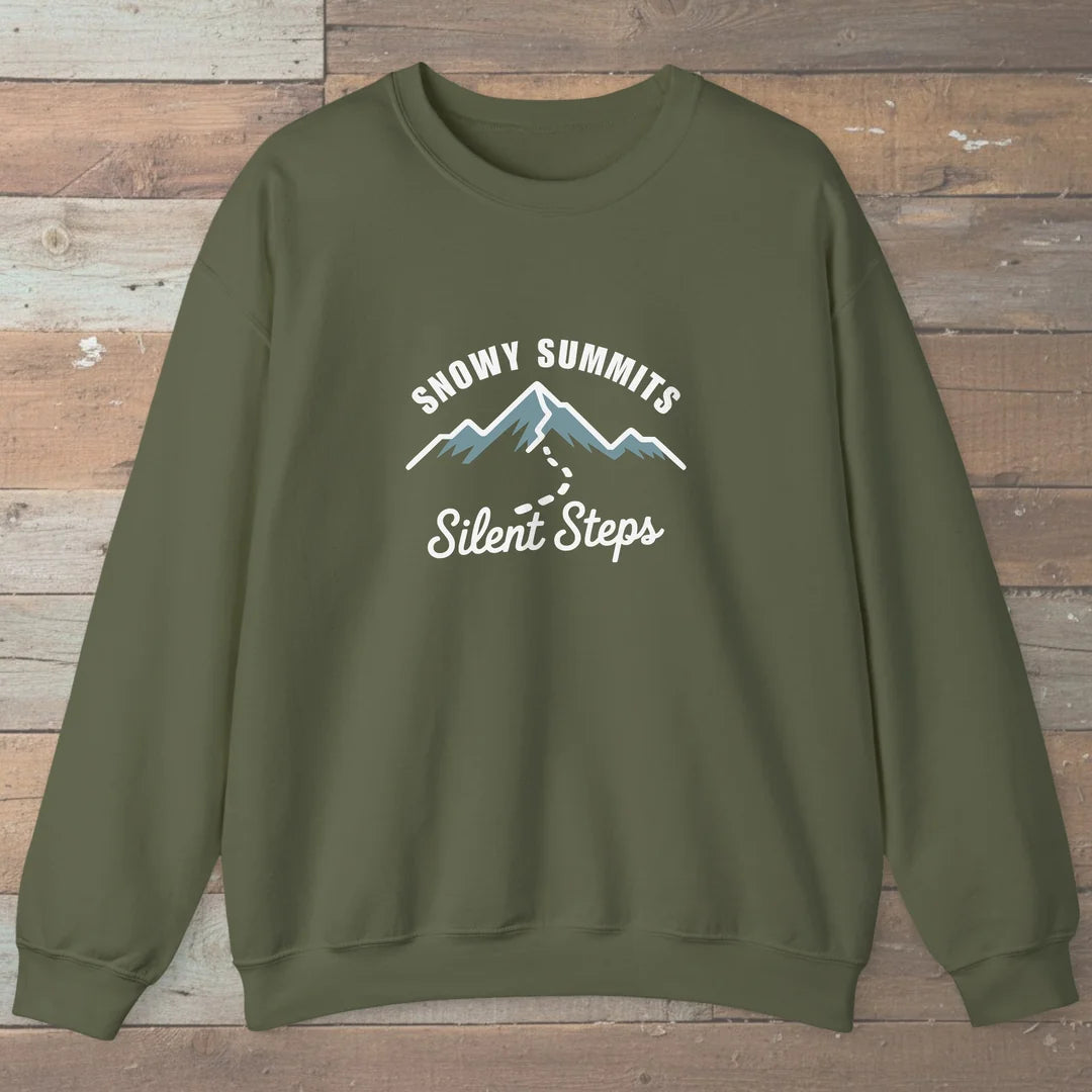 Snowy Summits Silent Steps Sweatshirt Military Green Outdoor Nature Tee