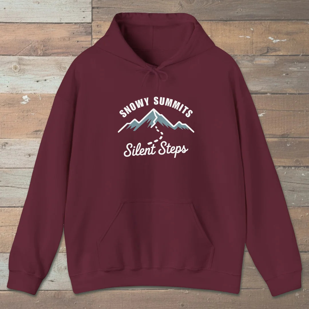 Snowy Summits Silent Steps Hoodie Maroon Outdoor Nature Tee
