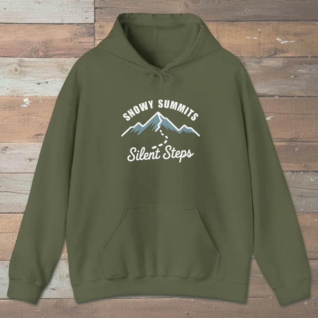 Snowy Summits Silent Steps Hoodie Military Green Outdoor Nature Tee