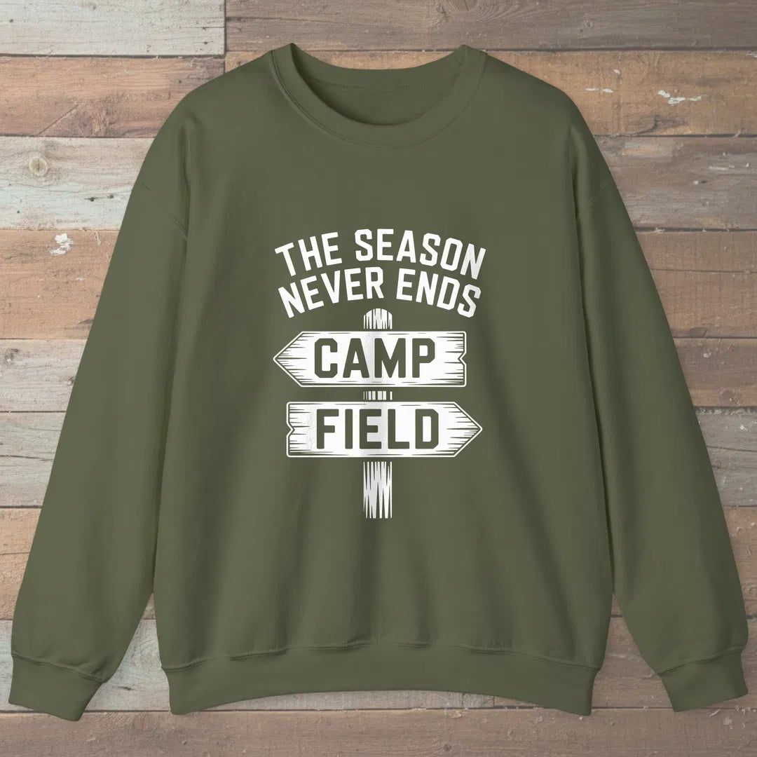 The Season Never Ends Sweatshirt Military Green Outdoor Nature Tee
