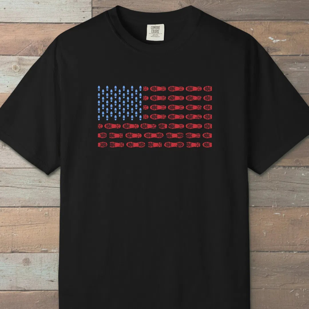 Boot Print Flag T-Shirt Black Outdoor Nature Tee